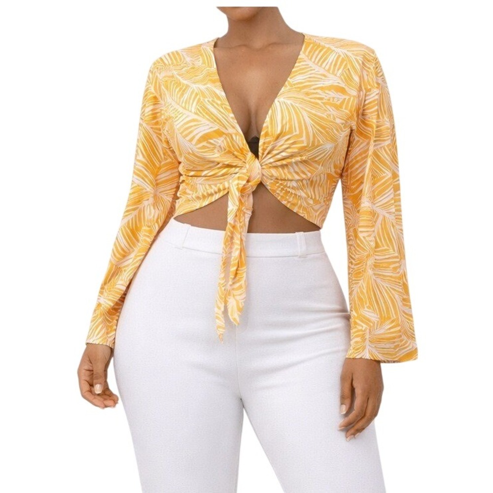 Shade & Shore Yellow Tropical Palm Print Tie Front Crop Top Linen Blend Small